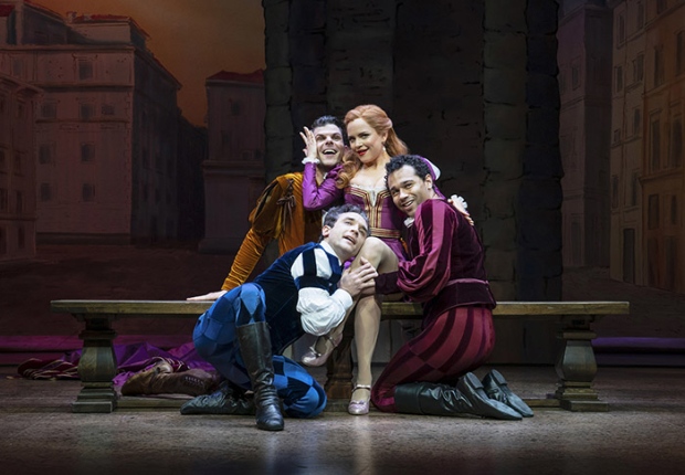 Styles, performing &quot;Tom, Dick or Harry&quot; with Will Burton, Rick Faugno, and Corbin Bleu in Broadway&#39;s Kiss Me, Kate. 