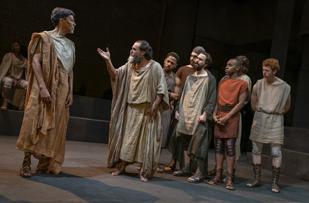 Michael Stuhlbarg (second from left) as the title character in Tim Blake Nelson&#39;s Socrates, directed by Doug Hughes, at the Public Theater.