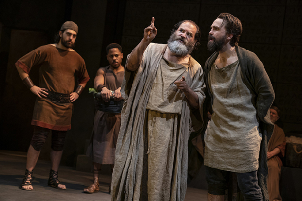 Alan Mendez, Ro Boddie, Michael Stuhlbarg, and Joe Tapper in a scene from Socrates.