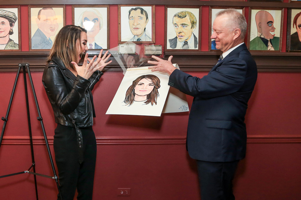 Samantha Barks reacts upon seeing her Sardi&#39;s portrait, presented to her by Max Klimavicius