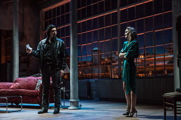 Adam Driver and Keri Russell star in Burn This on Broadway.