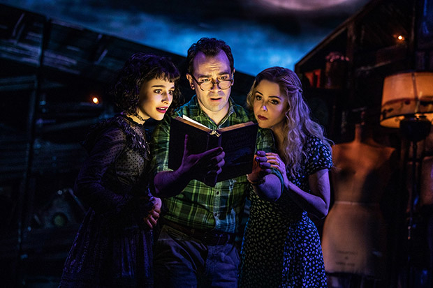Sophia Anne Caruso, Rob McClure, and Kerry Butler in Beetlejuice on Broadway.