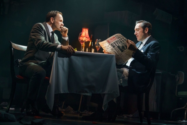 Jonny Lee Miller and Bertie Carvel as Larry Lamb and Rupert Murdoch in Ink at the Samuel J. Friedman Theatre.
