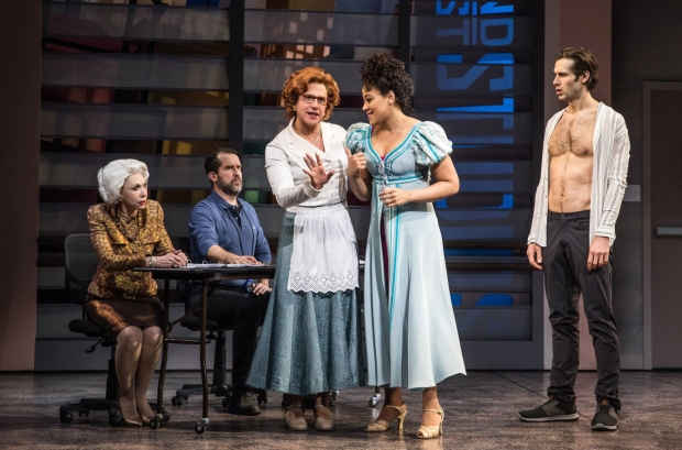 Julie Halston, John Moye, Santino Fontana, Lilli Cooper, and John Behlmann in a scene from Tootsie. 