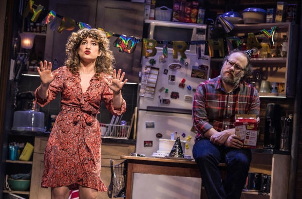 Sarah Stiles (Sandy) and Andy Grotelueschen (Jeff) share the stage at the Marquis Theatre.