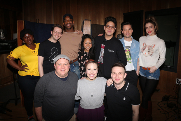 The company of Be More Chill during a recording session for the original Broadway cast recording.