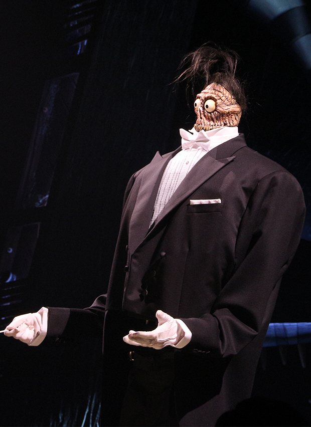 A shrunken-headed conductor takes its bow as Beetlejuice opens on Broadway.
