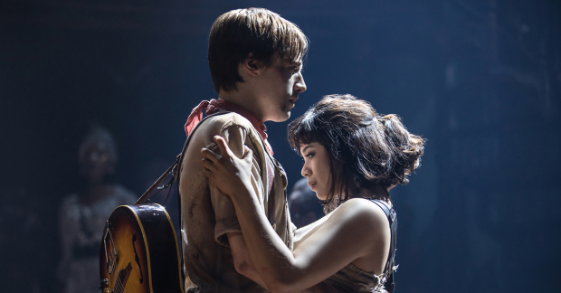 Reeve Carney and Eva Noblezada in Hadestown on Broadway.