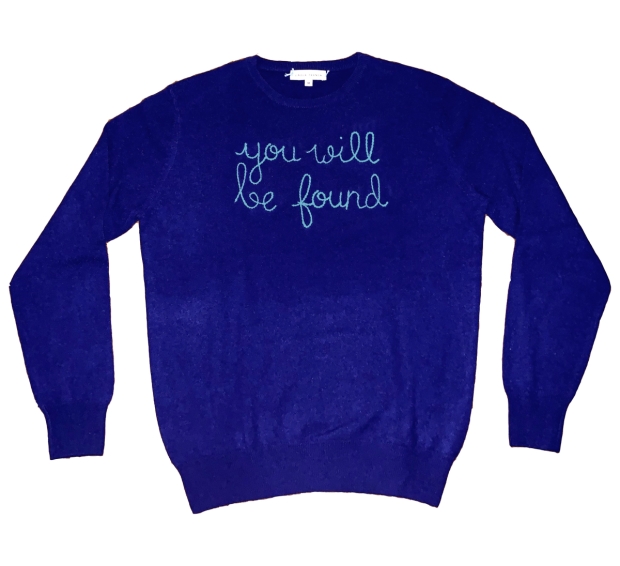 Dear Evan Hansen has partnered with Lingua Franca to create a special edition &quot;you will be found&quot; embroidered sweater.