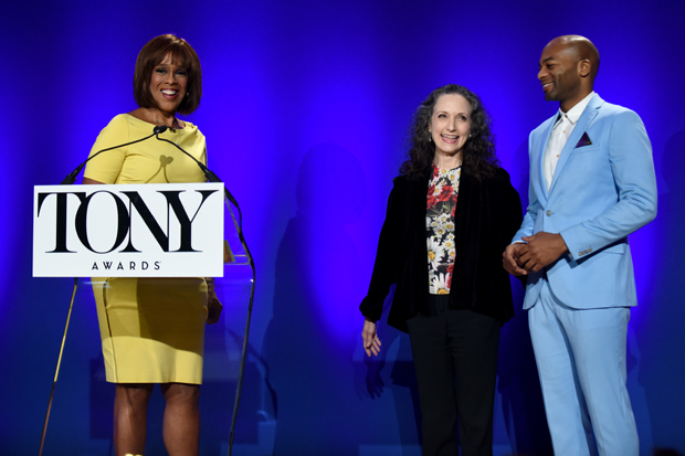 Gayle King, Bebe Neuwirth, and Brandon Victor Dixon speak onstage at The 73rd Annual Tony Awards Nominations Announcement.