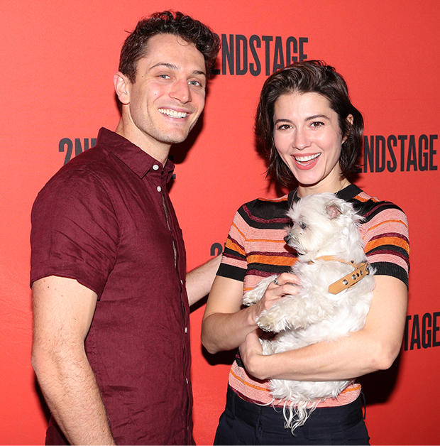 Colin Woodell and Mary Elizabeth Winstead with her dog, Ambrosius.