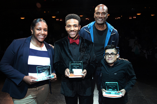 Kenny Leon (second from right) with the three top prize winners at this year&#39;s August Wilson Monologue Competition: Katara Willis (second place), Trajan Clayton (first place), and Abad Viquez (third place). 