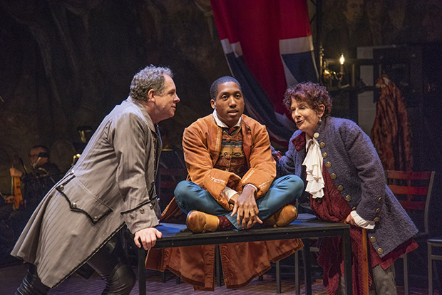 Benjamin Evett played John Adams, K.P. Powell played Thomas Jefferson, and Bobbie Steinbach played Benjamin Franklin in the recent New Repertory Theatre production of 1776.