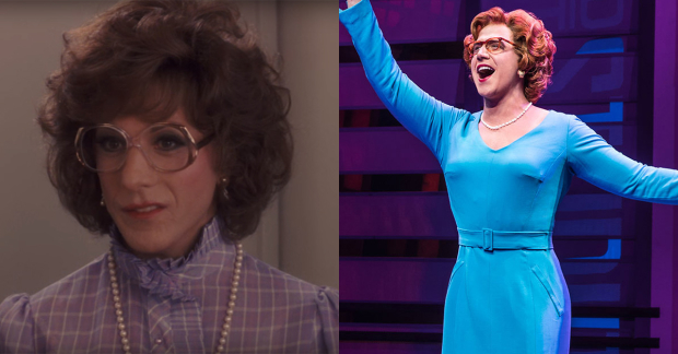 Dustin Hoffman dressed as Dorothy Michaels in the film, and Santino Fontana as Dorothy Michaels in the musical.