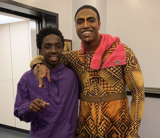 Stranger Things star Caleb McLaughlin backstage at The Lion King with cast member L. Steven Taylor.