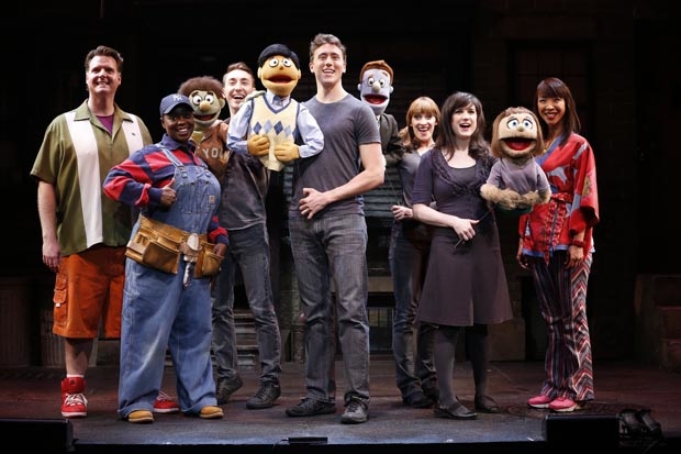 The cast of Avenue Q at New World Stages.