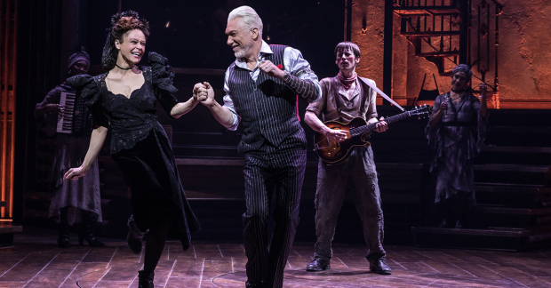 Amber Gary, Patrick Page, and Reeve Carney in Hadestown.