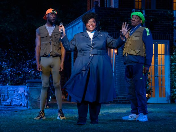 Denzel DeAngelo Fields, Lateefah Holder, and Erik Laray Harvey star in Much Ado About Nothing at the Delacorte Theater.