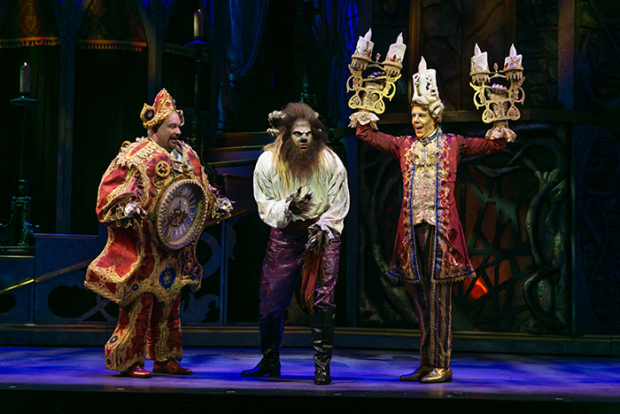 Kevin Ligon (Cogsworth), Tally Sessions (Beast), and Gavin Lee (Lumiere)