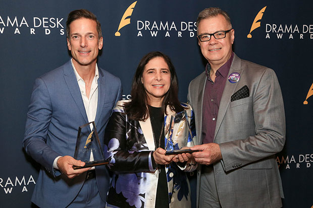 The Prom producers Bill Damaschke, Dori Berinstein, and Jack Lane pose with their Drama Desk Awards.