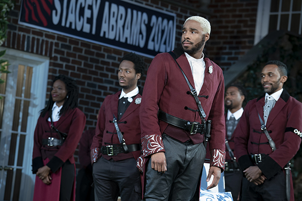 Grantham Coleman (foreground) plays Benedick in Kenny Leon&#39;s Shakespeare in the Park production of Much Ado About Nothing.