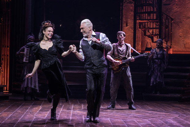 Amber Gray, Patrick Page, and Reeve Carney star in Hadestown on Broadway.