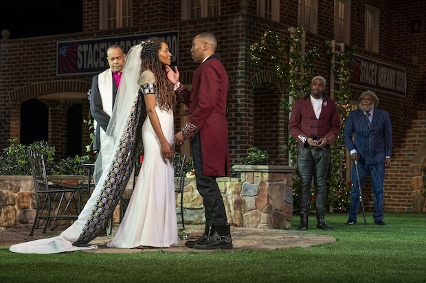 Tyrone Mitchell Henderson, Margaret Odette, Jeremie Harris, Grantham Coleman, and Erik Laray Harvey appear in Much Ado About Nothing at the Delacorte Theater.
