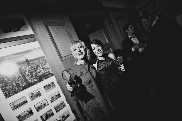 Anaïs Mitchell and Rachel Chavkin shows off their Tonys for Hadestown.