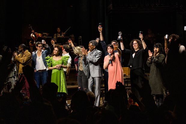 The Hadestown Tony winners hoisted their statuettes during a toast at curtain call after the June 11 performance.