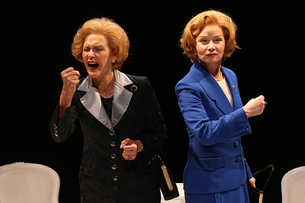Kate Fahy and Susan Lynskey play Margaret Thatcher at different ages in Handbagged.