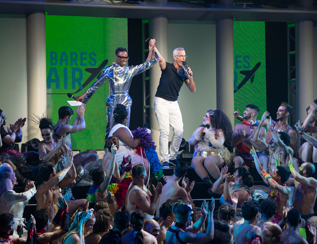 Billy Porter and Broadway Bares creator Jerry Mitchell at the end of this year&#39;s event, subtitled Take Off.