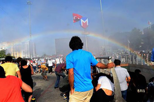 A rainbow appears over the 2015 Istanbul Pride march in Taksim Square.