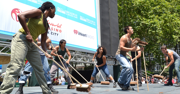 The cast of Stomp in Bryant Park.