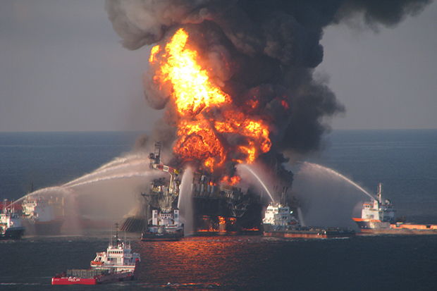 Fire boats respond to the explosion of the offshore oil rig Deepwater Horizon, which was leased to BP at the time of the disaster.