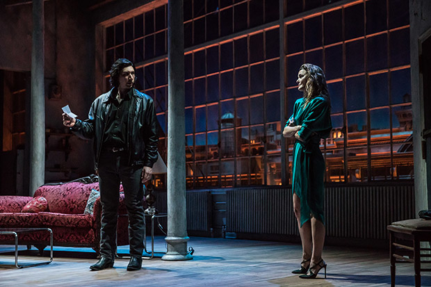 Adam Driver and Keri Russell star in Burn This on Broadway.