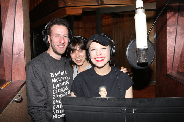 Nick Blaemire, Krysta Rodriguez, and Lauren Marcus in the recording studio for The Jonathan Larson Project.