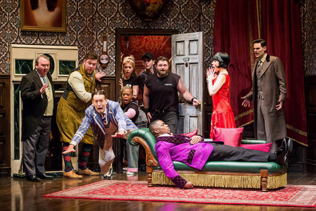 The national touring cast of The Play That Goes Wrong, running at the Ahmanson Theatre in Los Angeles through August 11.