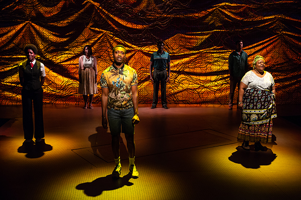 Latoya Edwards, Adenike Thomas, Ato Blankson-Wood, James Udom, Robert Gilbert, and Myra Lucretia Taylor appear in the Lincoln Center Theater production of The Rolling Stone.