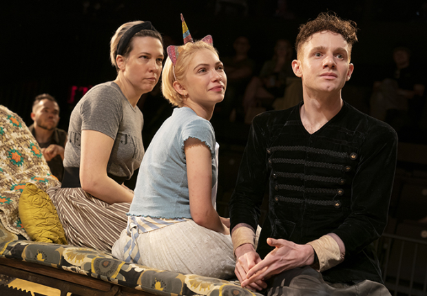 Rebecca Henderson (Olga), Tavi Gevinson (Irina), and Chris Perfetti (Masha) in Halley Feiffer&#39;s Moscow Moscow Moscow Moscow Moscow Moscow, directed by Trip Cullman, at MCC&#39;s Robert W. Wilson Theater Space.