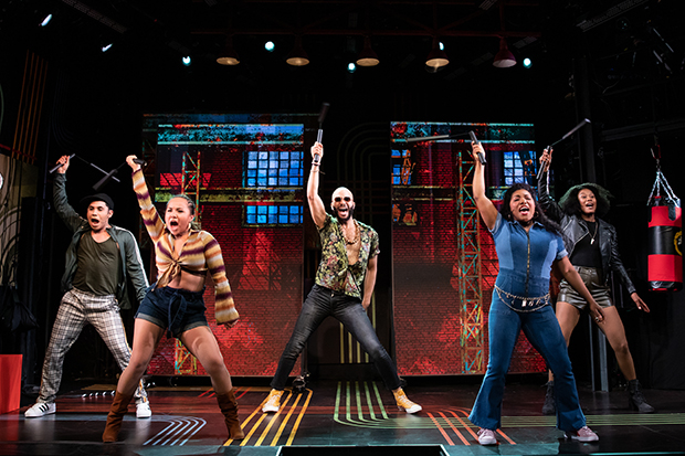 Omar Garibay, Jasmine Forsberg, Jared Joseph, Badia Farha, and Christina Sajous swing nunchucks in Broadway Bounty  Hunter.