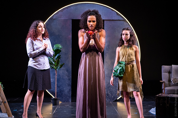 Janet Krupin plays Lily, Gabrielle McClinton plays Eve, and Sarah-Anne Martinez plays Lilith in Leaving Eden, directed by Susanna Wolk, for NYMF 2019. 