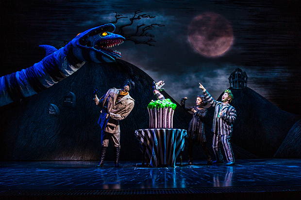 The Sandworm, Harry the Hunter, Lydia Deetz  (Sophia Anne Caruso), and Beetlejuice (Alex Brightman) celebrate Beetlejuice&#39;s 100th performance.