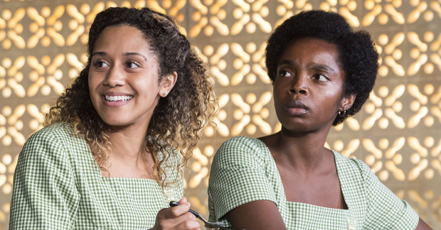 Joanna A. Jones and MaameYaa Boafo in the MCC Theater production of School Girls; Or, the African Mean Girls Play.