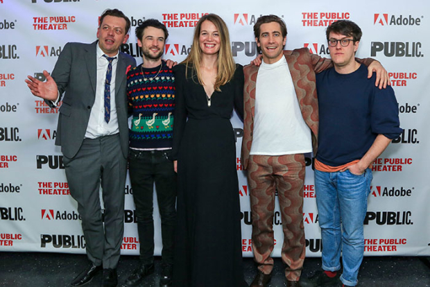 Simon Stephens, Tom Sturridge, Carrie Cracknell, Jake Gyllenhaal, and Nick Payne at the off-Broadway opening of Sea Wall / A Life at the Public Theater.