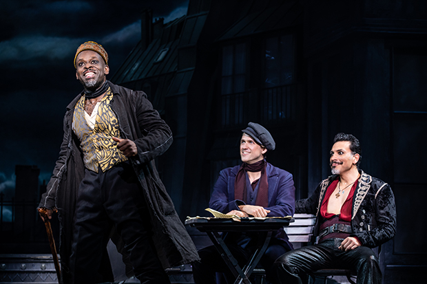 Sahr Ngaujah plays Toulouse-Lautrec, Aaron Tveit plays Christian, and Ricky Rojas plays Santiago in Moulin Rouge!
