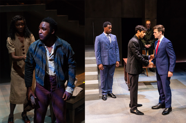 The Acting Company&#39;s productions of Native Son, left, featuring Katherine Renee Turner and Galen Ryan Kane; and Measure for Measure, right, featuring Jason Bowen, Keshav Moodliar, and Sam Lilja, are both playing in repertory at the Duke on 42nd Street.