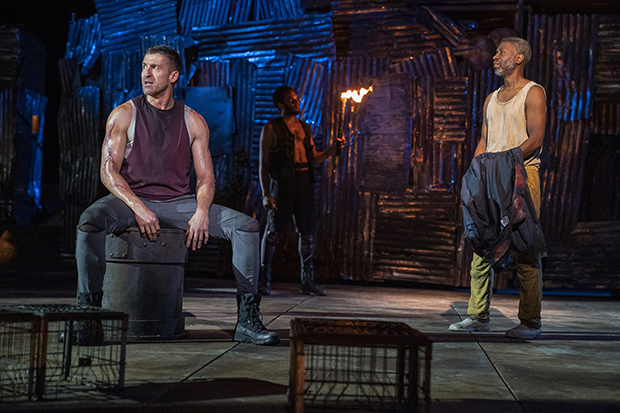 Jonathan Cake, Biko Eisen-Martin, and Teagle F. Bougere star in William Shakespeare&#39;s Coriolanus, directed by Daniel Sullivan, for Shakespeare in the Park at the Delacorte Theater.