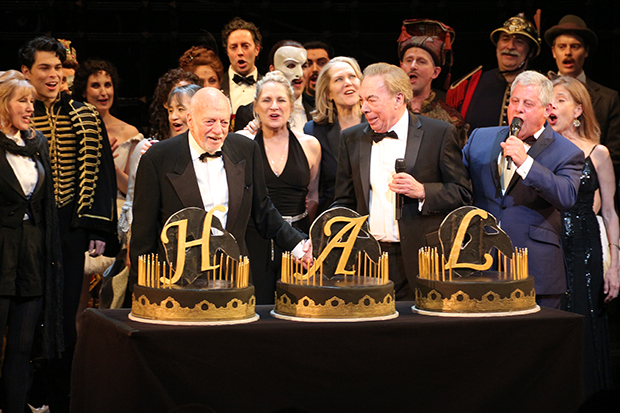 Harold Prince celebrates his 90th birthday with Andrew Lloyd Webber and Cameron Mackintosh onstage at the Majestic Theatre.