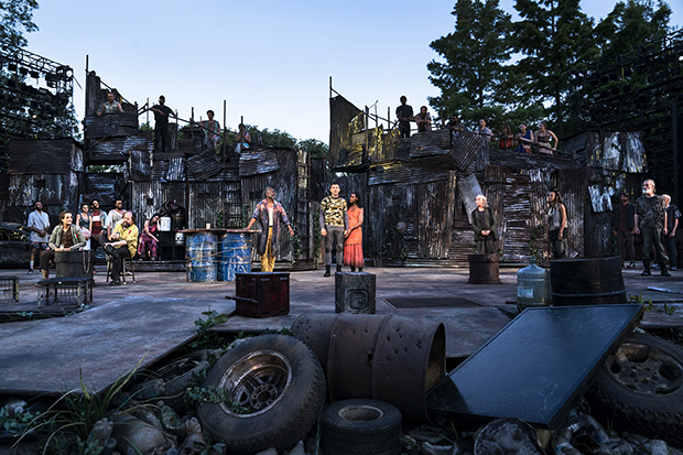 The cast of Coriolanus appears onstage at the Delacorte Theater as part of the Public Theater&#39;s Shakespeare in the Park.