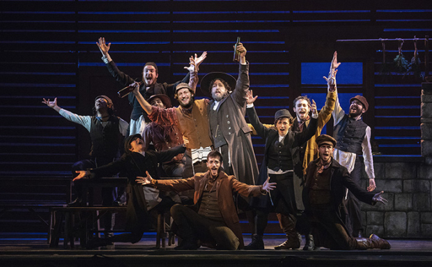 Yehezkel Lazarov (Tevye), Jonathan Von Mering (Lazar Wolf), and the touring cast of Fiddler on the Roof.
